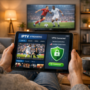 Person using IPTV VPN on tablet