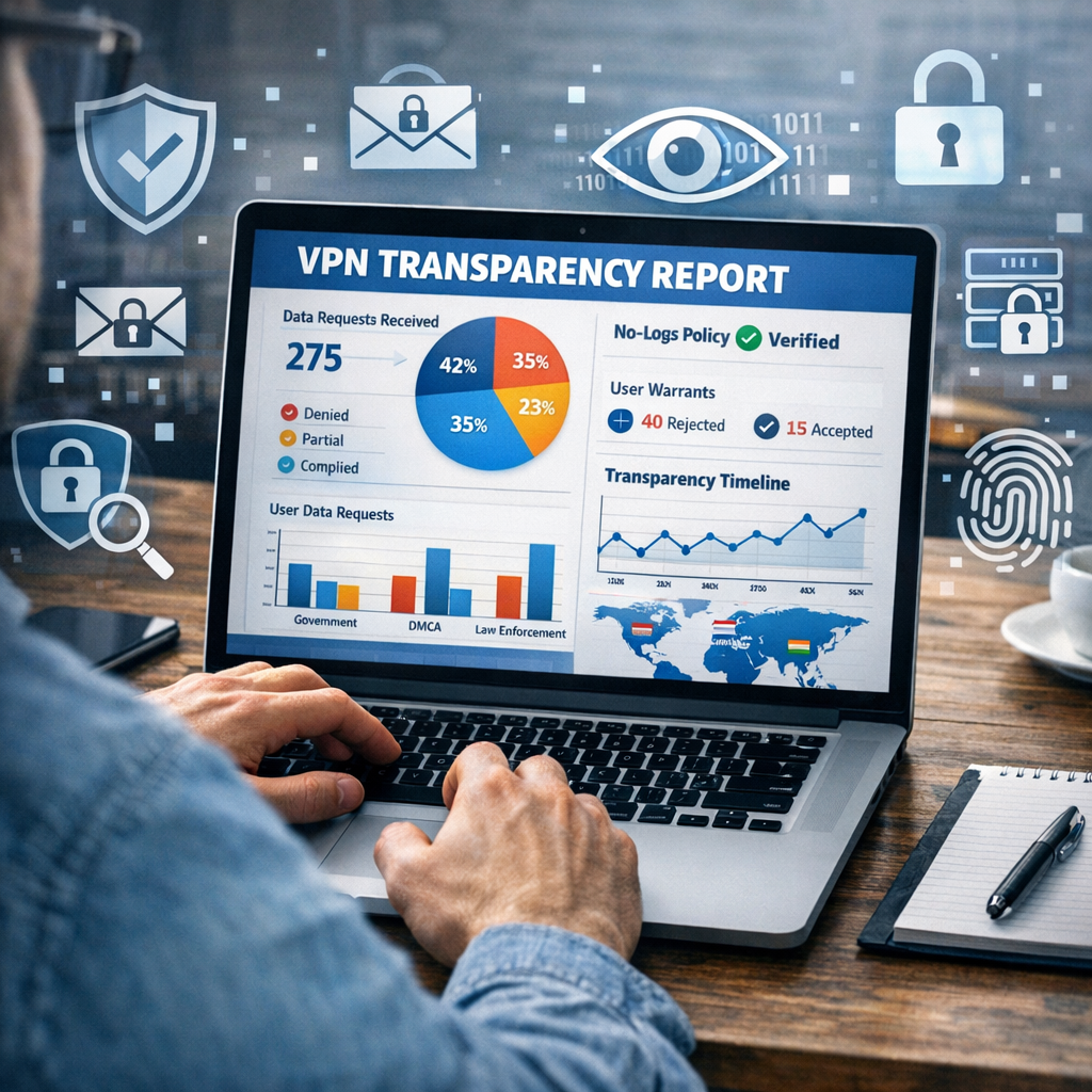 VPN transparency reports analysis on a laptop