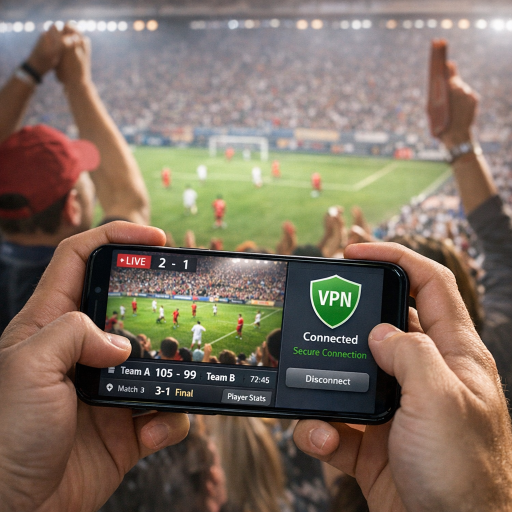 Mobile device using VPN for sports streaming