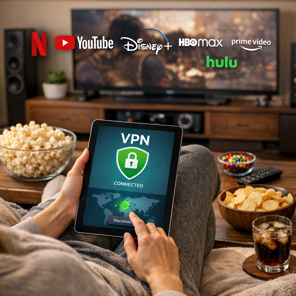 Person using VPN for streaming services on a tablet