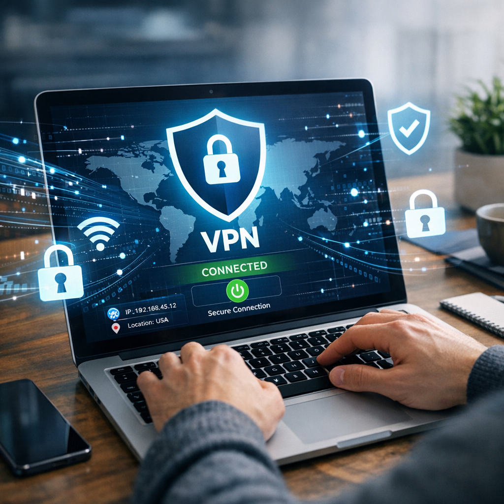 VPN security features interface on laptop screen