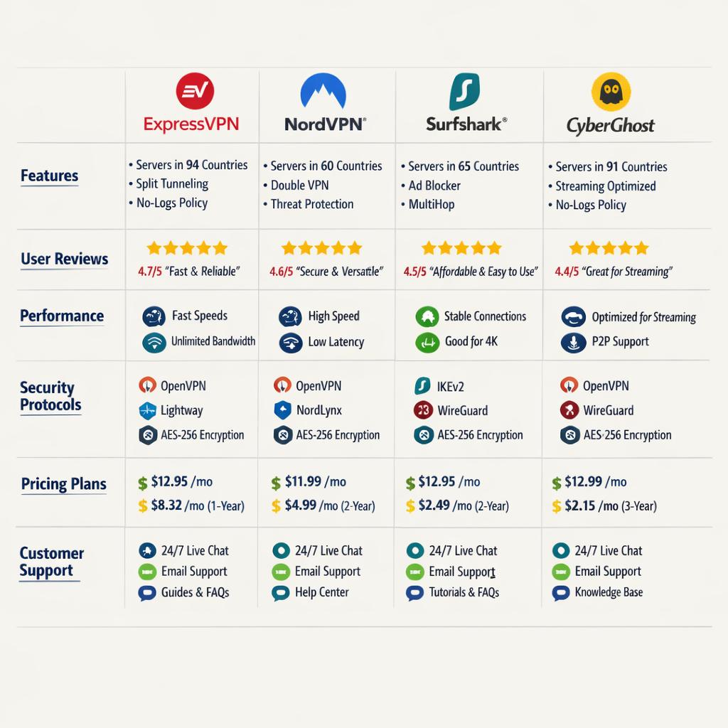 Chart comparing features of different VPN services