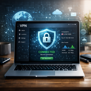 laptop displaying VPN software for user education on VPN usage